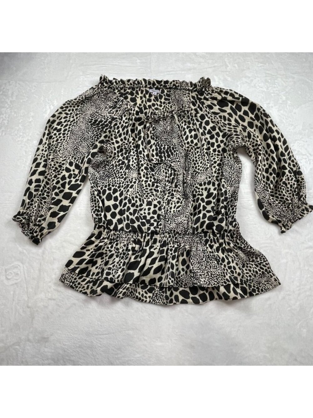 Agora Womens Leopard Print Ruffle Neck Smocked Peplum Blouse‎ Black Cream Medium